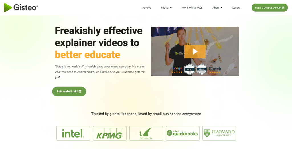 Gisteo website landing page highlighting affordable whiteboard and animated videos.