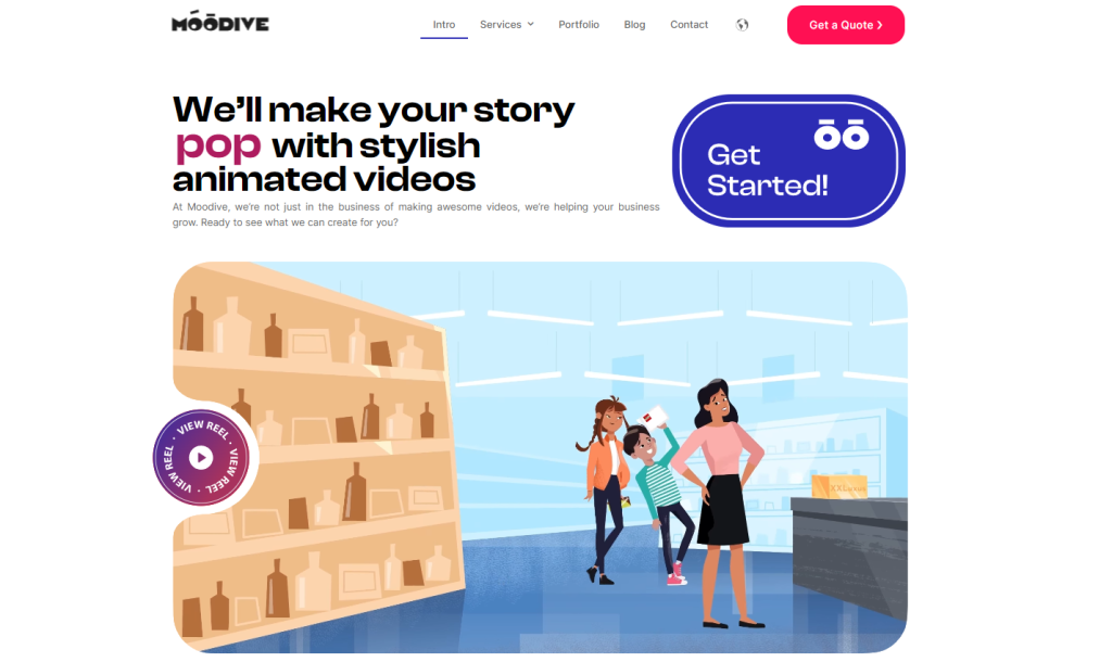 Moodive Studio homepage featuring professional motion design and animation services.