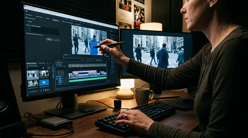 Professional video editor using Adobe Premiere Pro AI tools in a studio
