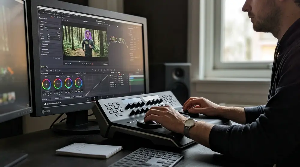 DaVinci Resolve Magic Mask AI tracking on a professional monitor