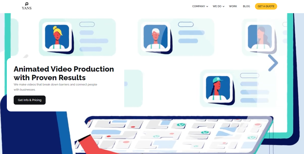 Yans Media homepage showcasing high-quality 2D and 3D animation services.