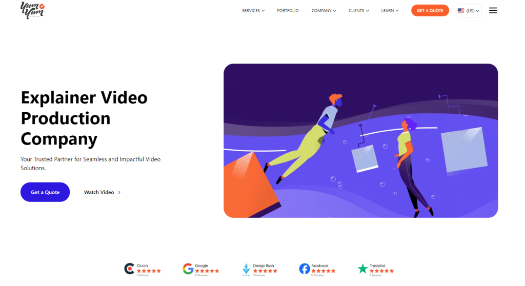 Yum Yum Videos website displaying colorful animated explainer video examples.